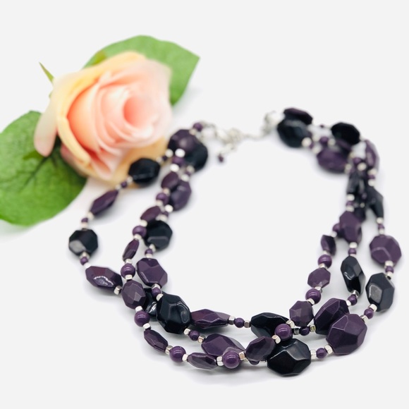 Triple Stranded Purple Beaded Sleek Necklace - Picture 7 of 8